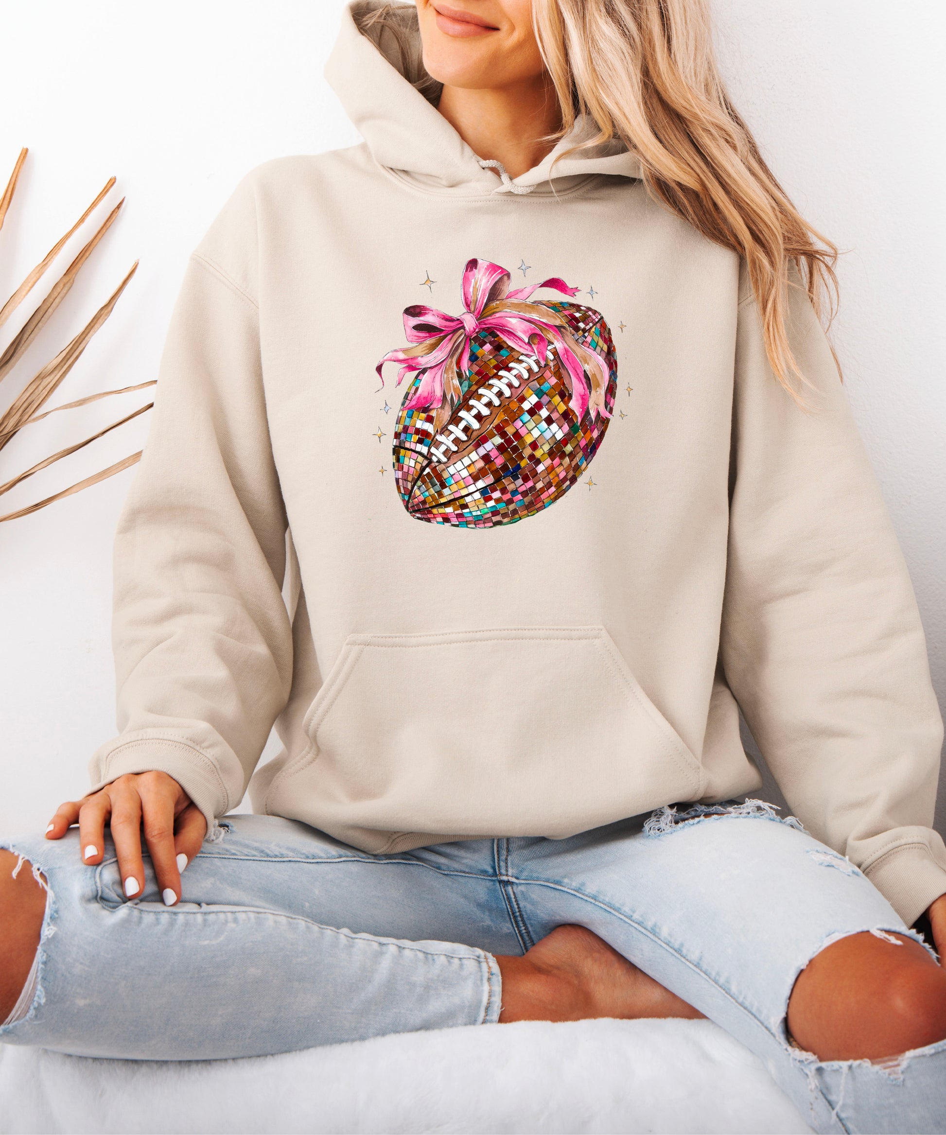Disco Ball Football Coquette Bow Hoodie for Women, Sand Hoodie, view 5