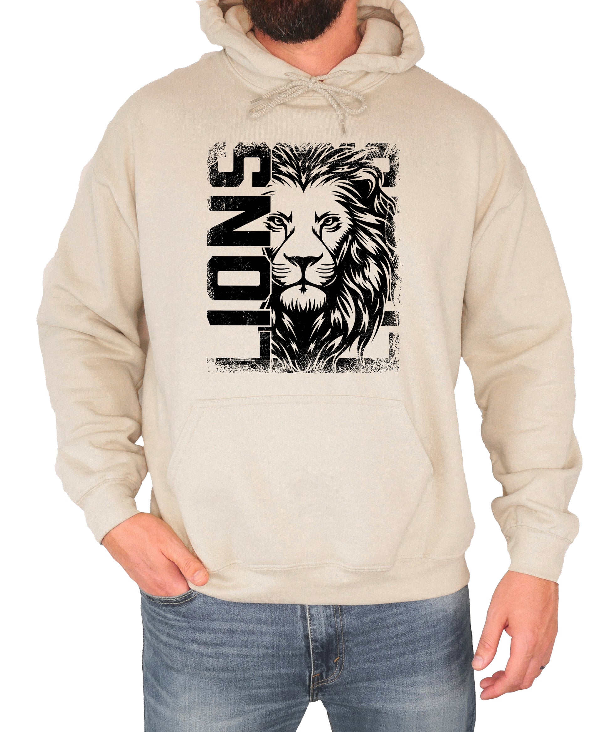 Lions School Spirit hoodie in Sand - distressed lion mascot game day pullover sweatshirt, view 5