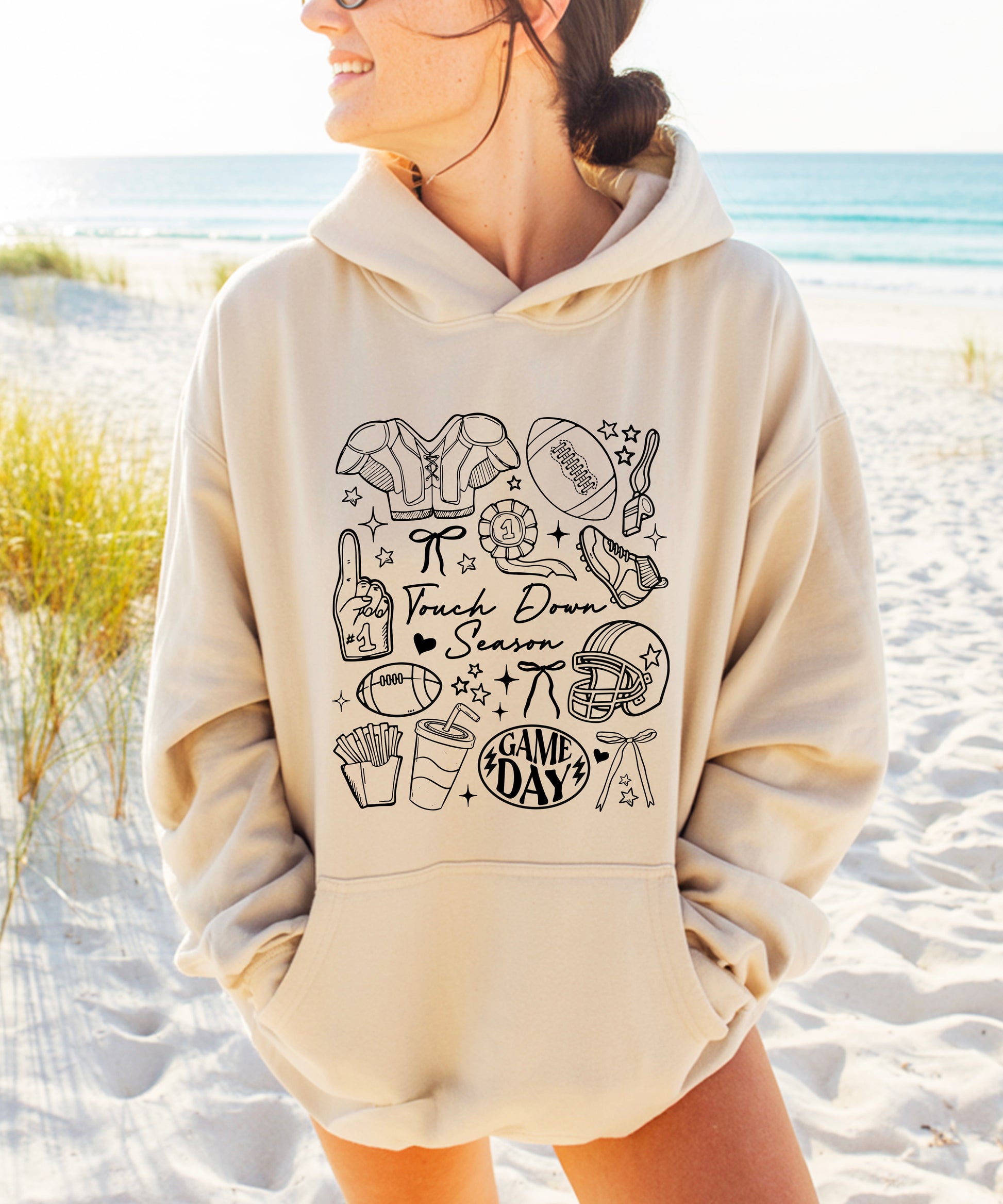 Sand Touch Down Season football hoodie close up print