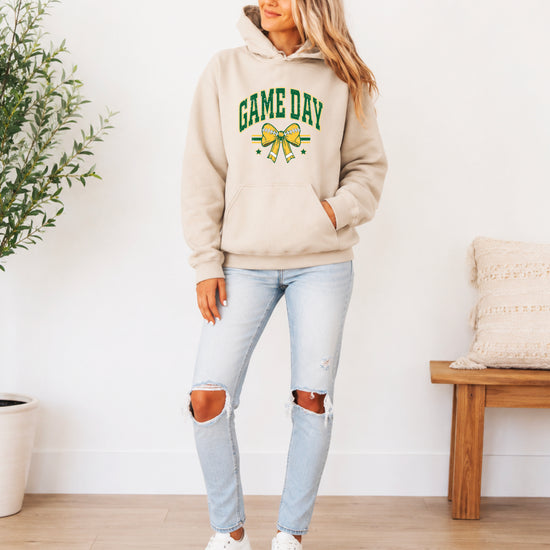 Game Day Football Bow Hoodie in Sand - worn on model