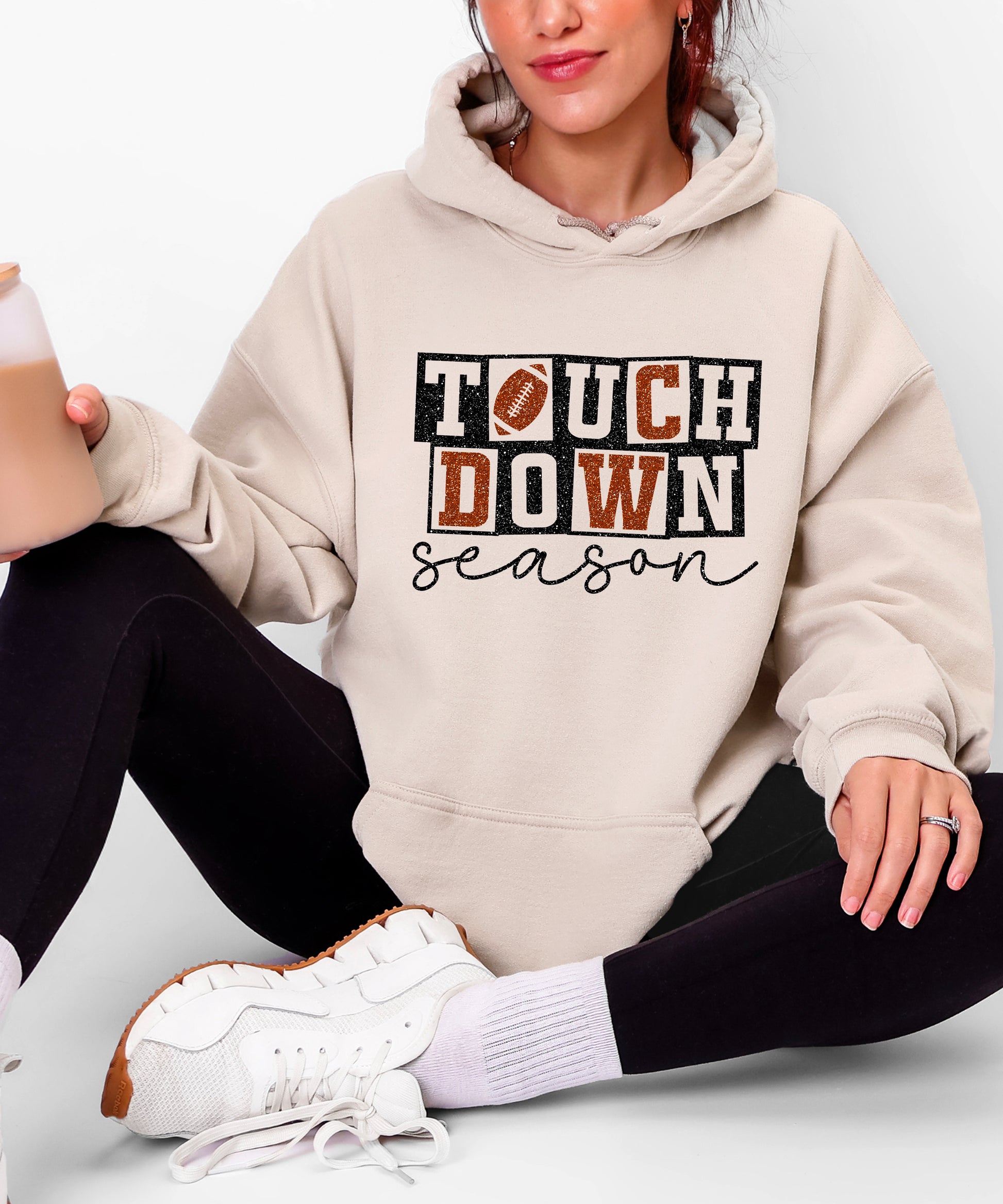 Touchdown Season glitter football hoodie in Sand - view 6