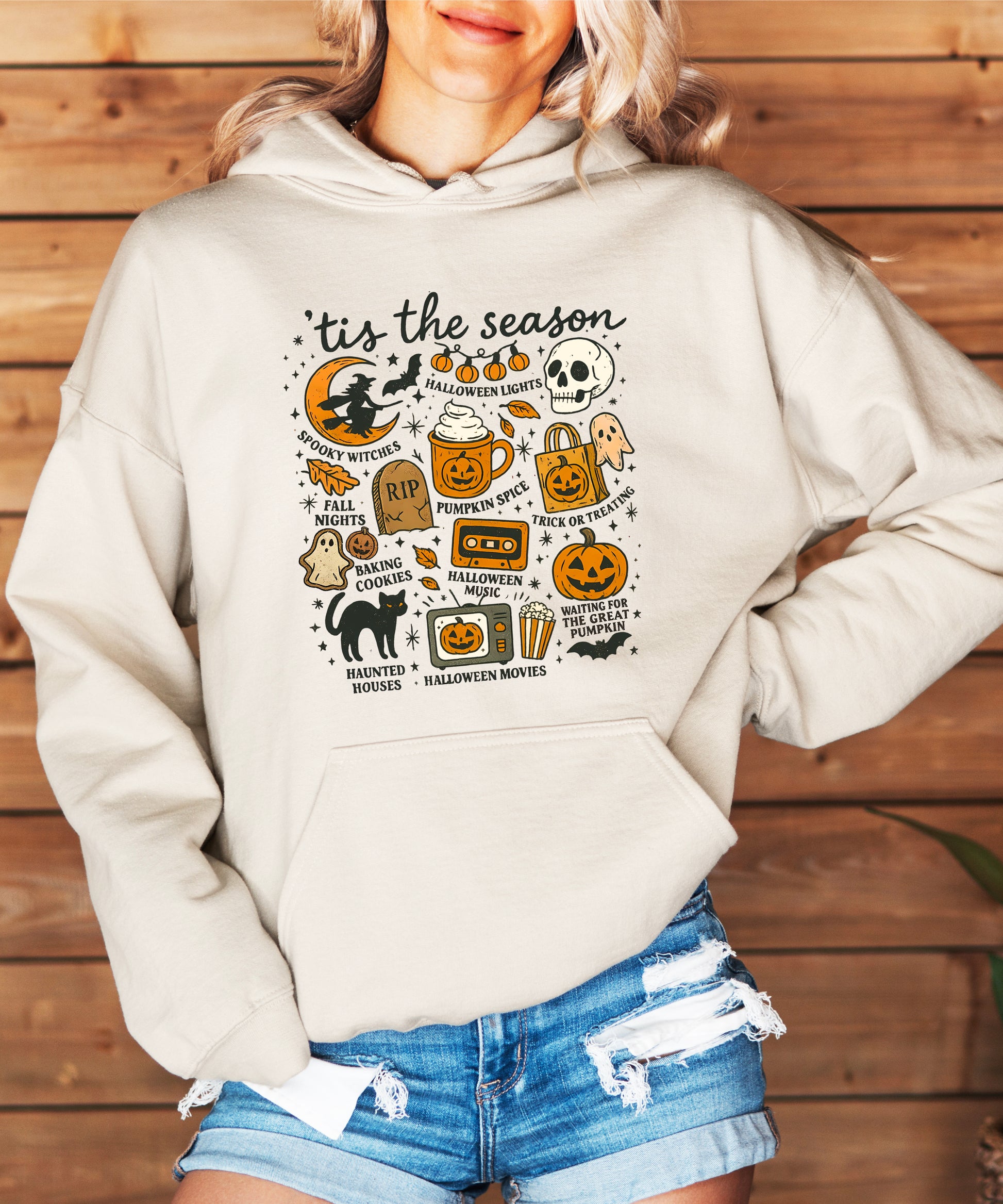 Tis The Season Halloween retro collage hoodie in Sand - view 6