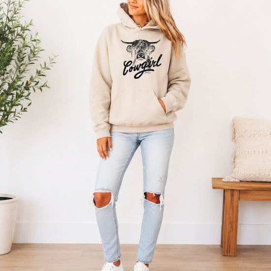 Cowgirl Highland Cow Hoodie - Sand Hoodie - Olive Loves Apple
