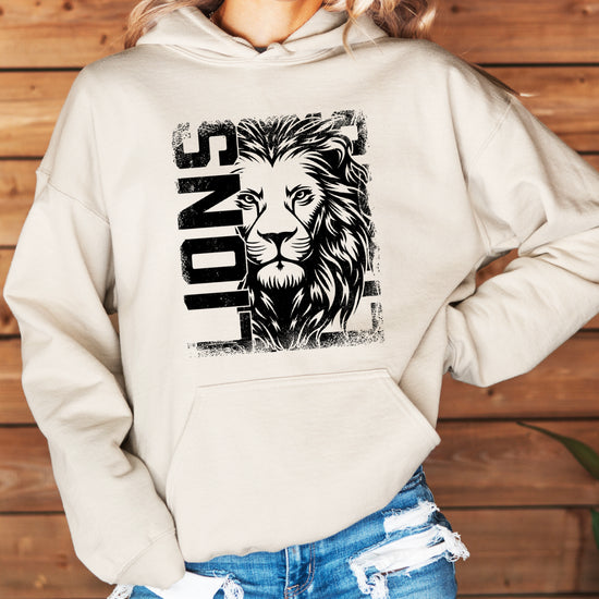 Lions School Spirit hoodie in Sand - distressed lion mascot game day pullover sweatshirt, view 6