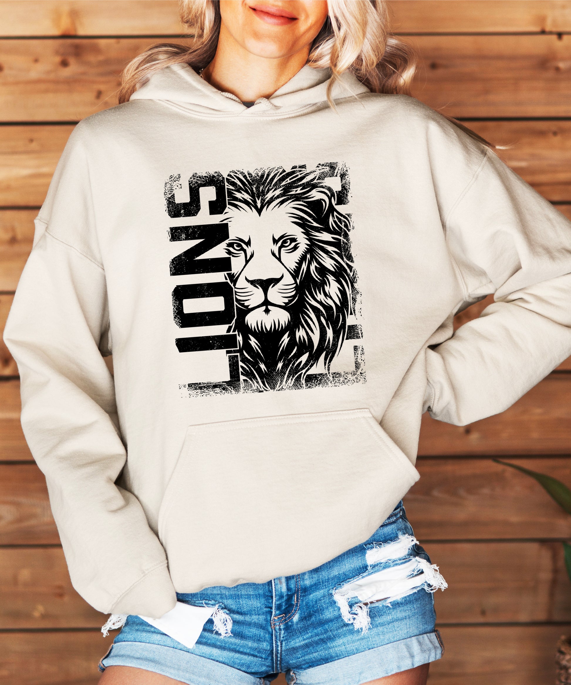 Lions School Spirit hoodie in Sand - distressed lion mascot game day pullover sweatshirt, view 6