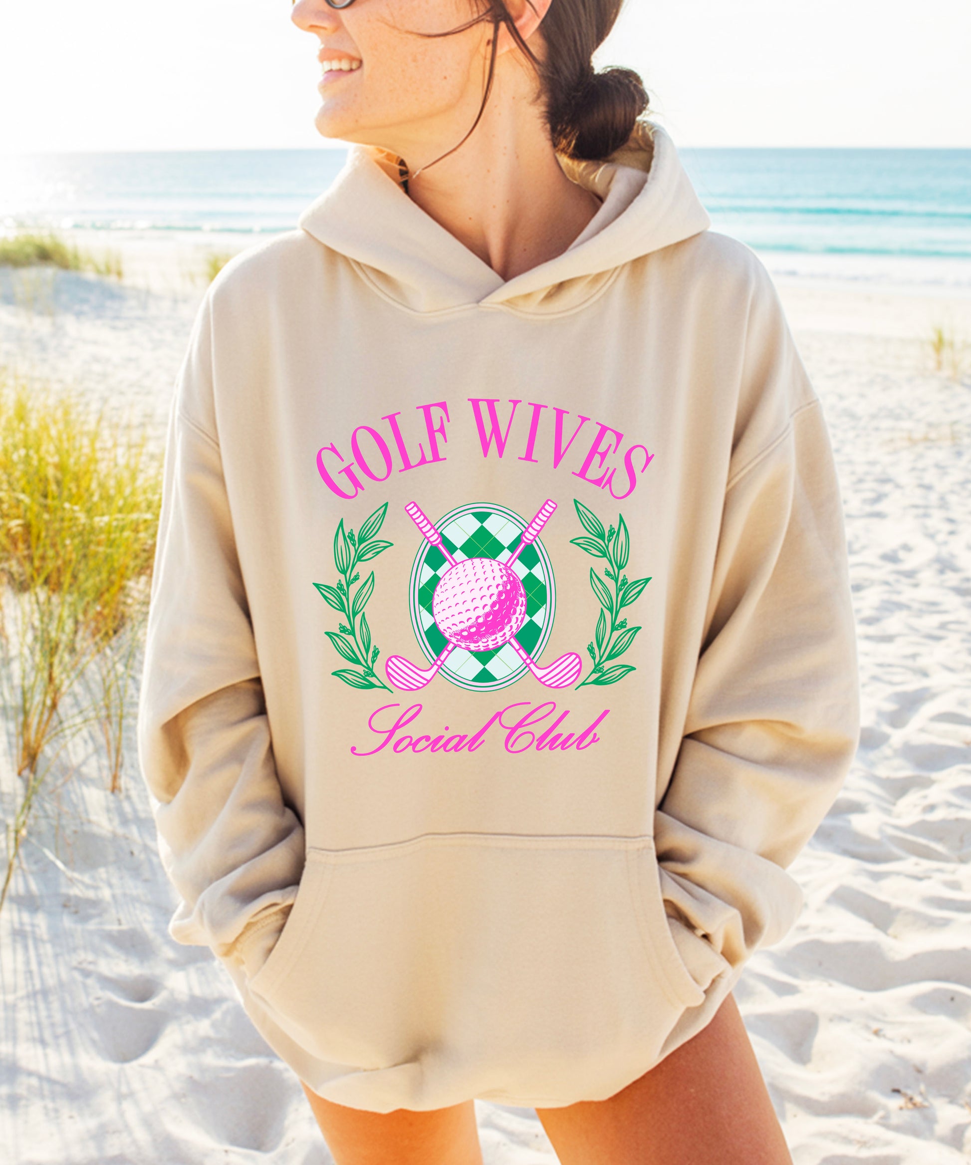Golf Wives Social Club hoodie in Sand, close-up print detail