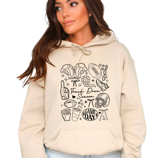 Sand Touch Down Season football hoodie hood and pocket detail