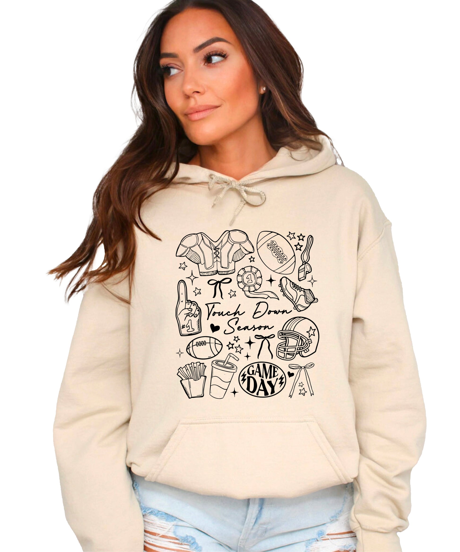 Sand Touch Down Season football hoodie hood and pocket detail