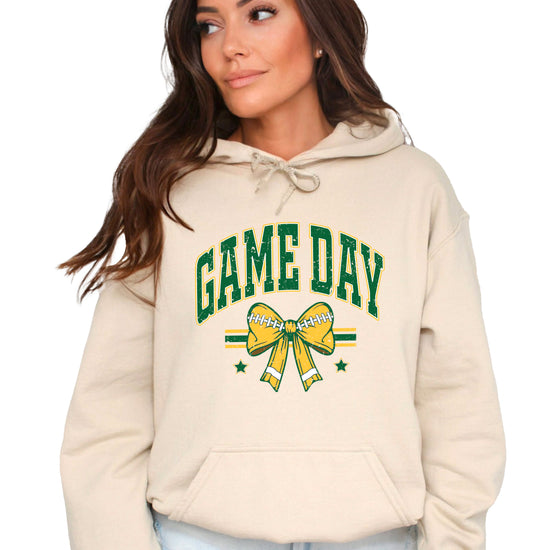 Game Day Football Bow Hoodie in Sand - full length view