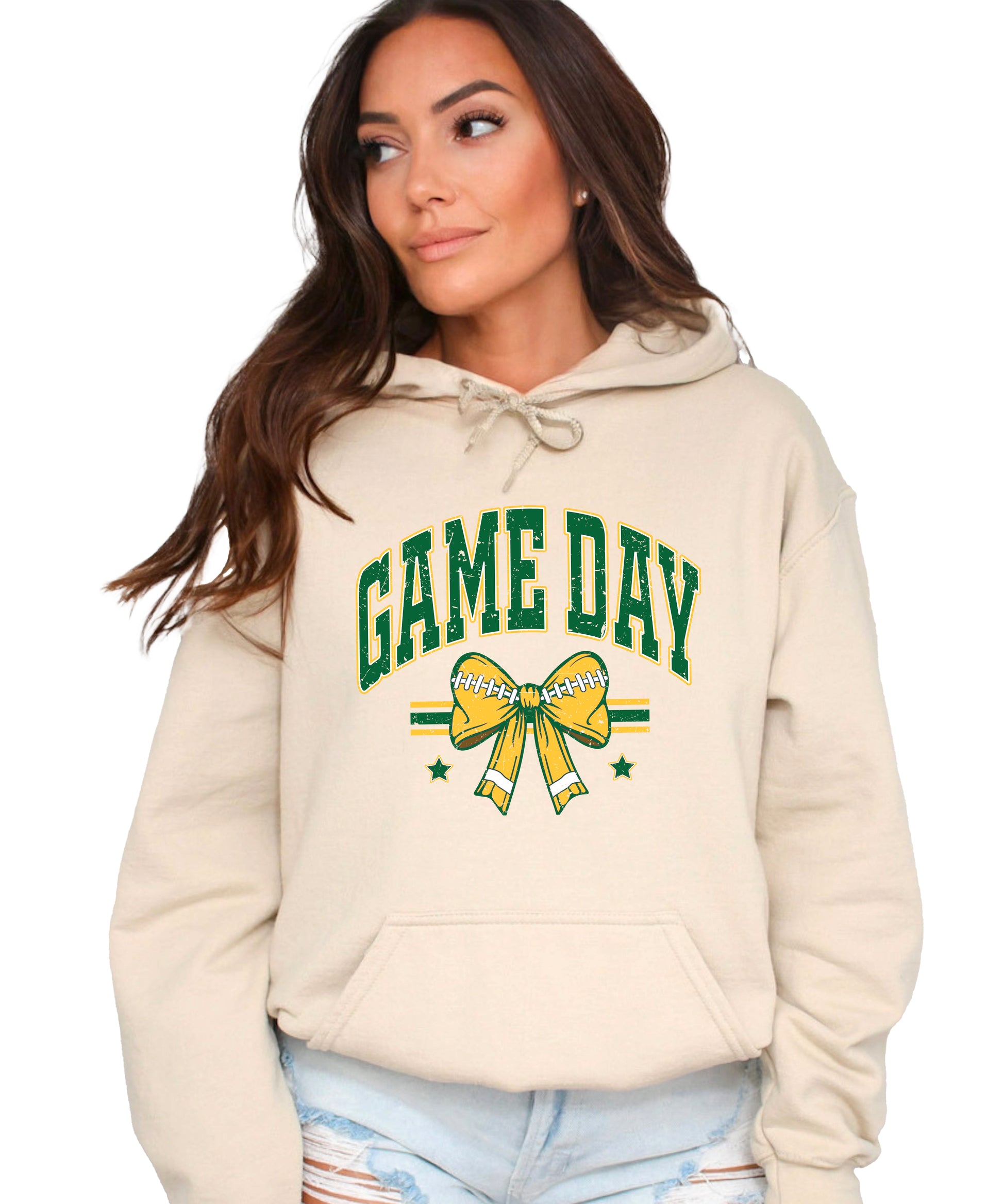 Game Day Football Bow Hoodie in Sand - full length view
