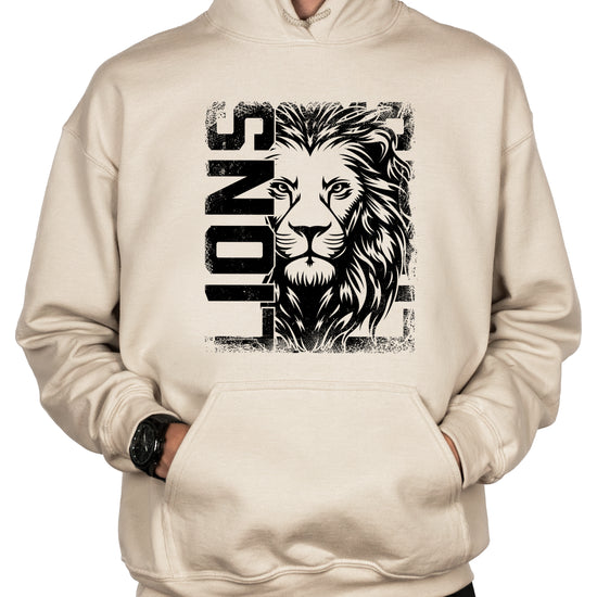 Lions School Spirit hoodie in Sand - distressed lion mascot game day pullover sweatshirt, view 7