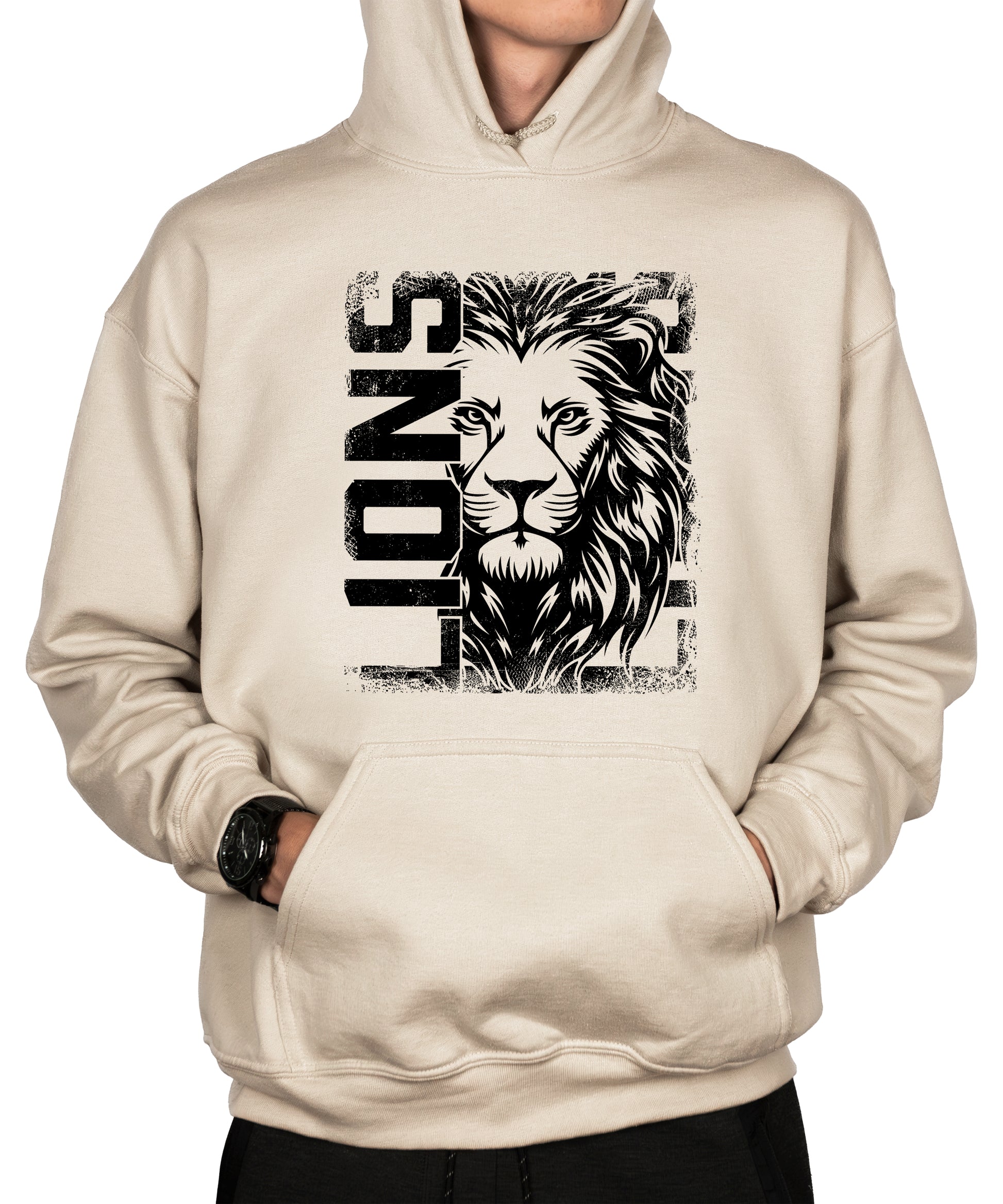 Lions School Spirit hoodie in Sand - distressed lion mascot game day pullover sweatshirt, view 7