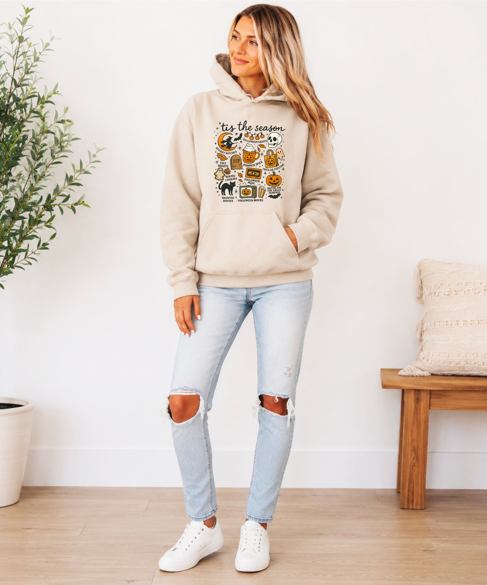 Tis The Season Halloween retro collage hoodie in Sand - view 7