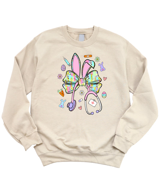 Easter Nurse Sweatshirt - Cute Bunny Bow Stethoscope Graphic