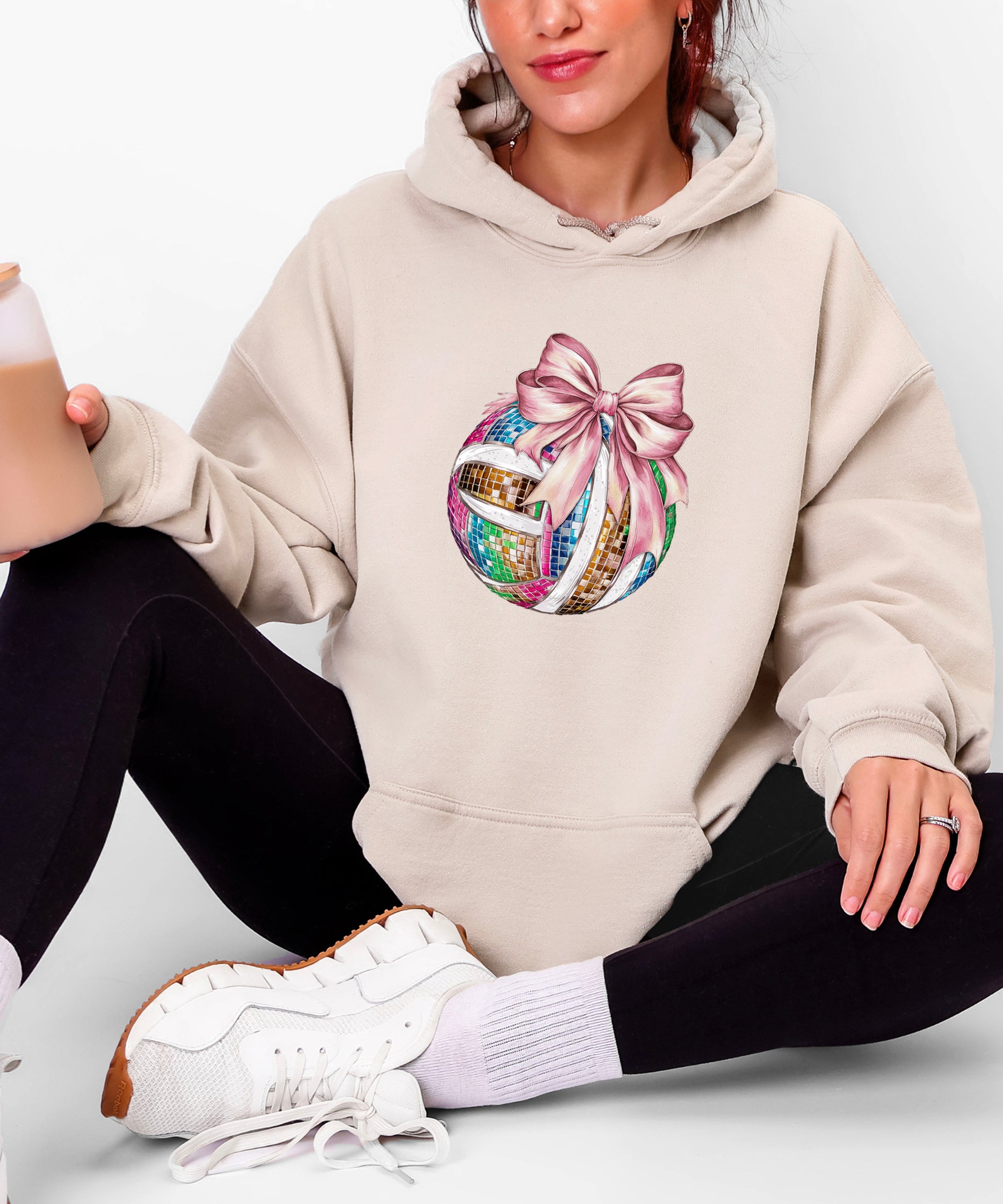 Disco Volleyball Coquette Bow Hoodie - Sand - View 7