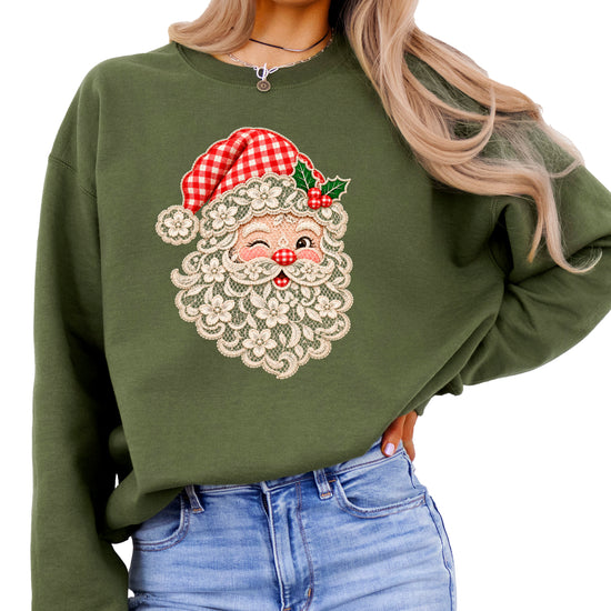 Lace Santa Christmas Sweatshirt for women in Army Green