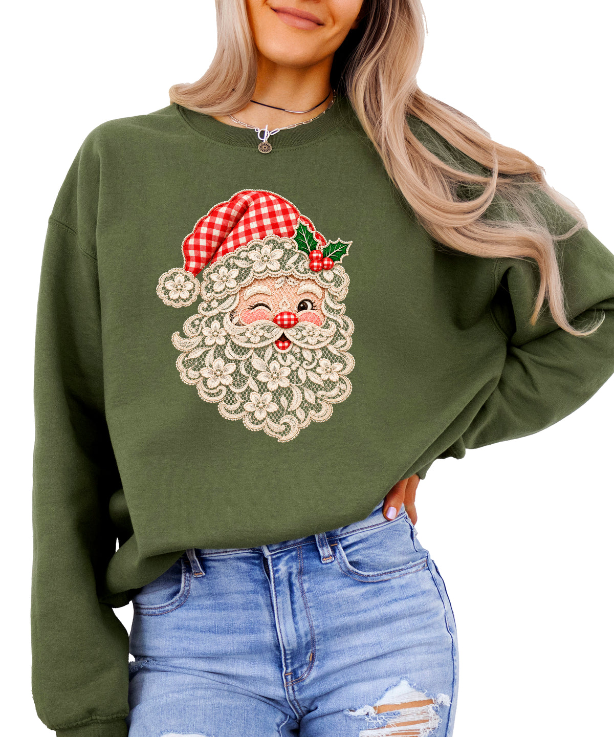Lace Santa Christmas Sweatshirt for women in Army Green