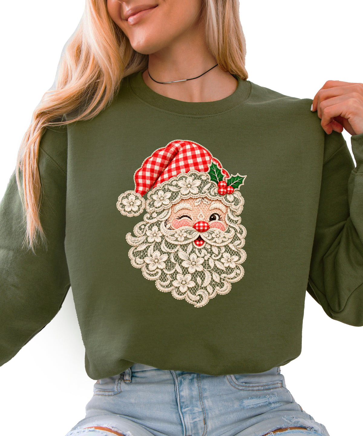 Lace Santa Christmas Sweatshirt for women in Army Green