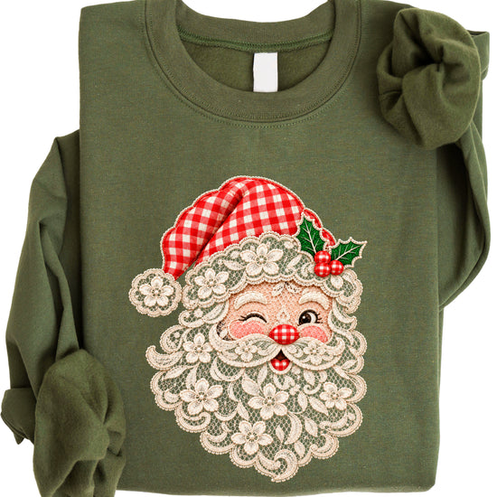 Lace Santa Christmas Sweatshirt for women in Army Green
