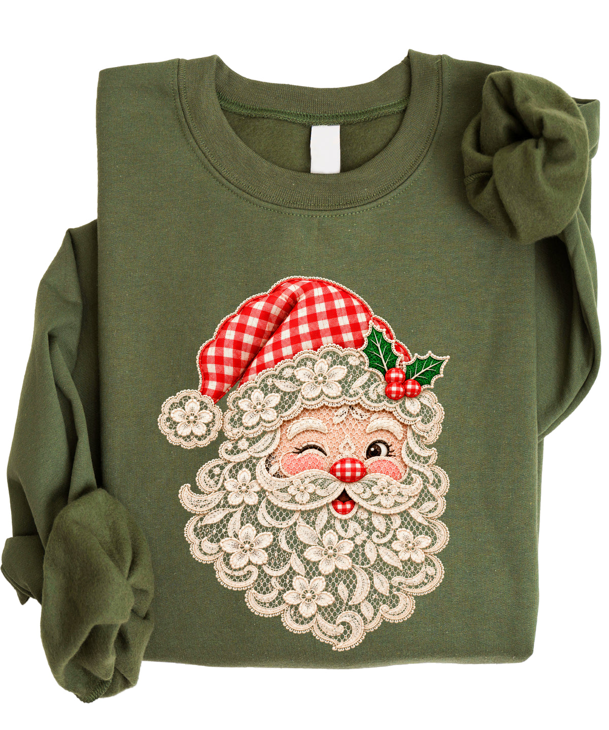 Lace Santa Christmas Sweatshirt for women in Army Green