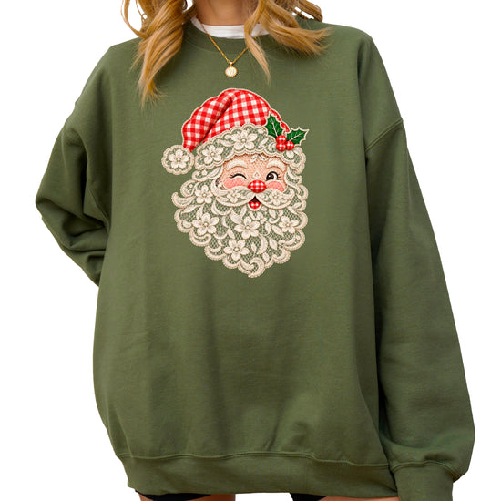 Lace Santa Christmas Sweatshirt for women in Army Green