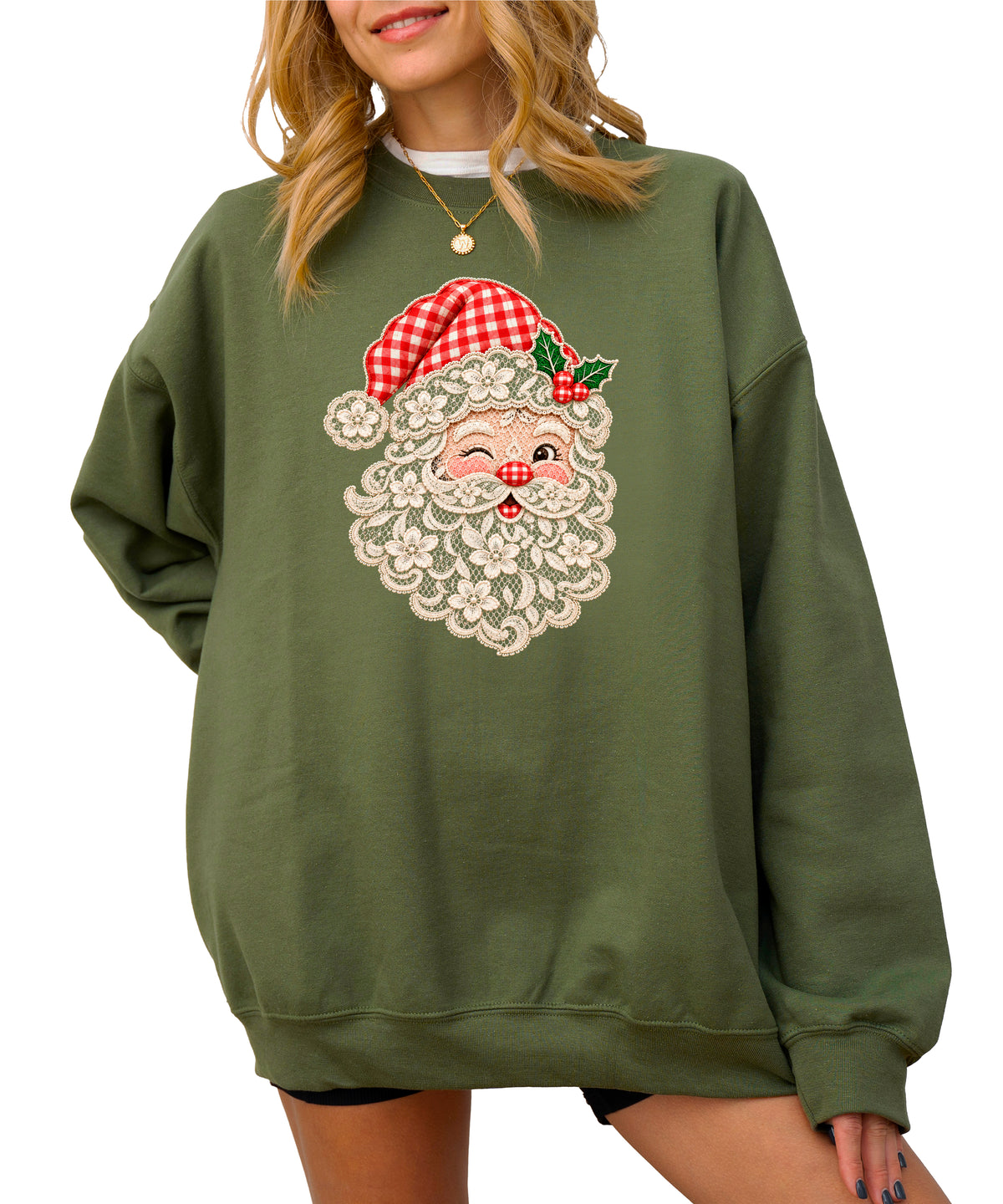 Lace Santa Christmas Sweatshirt for women in Army Green