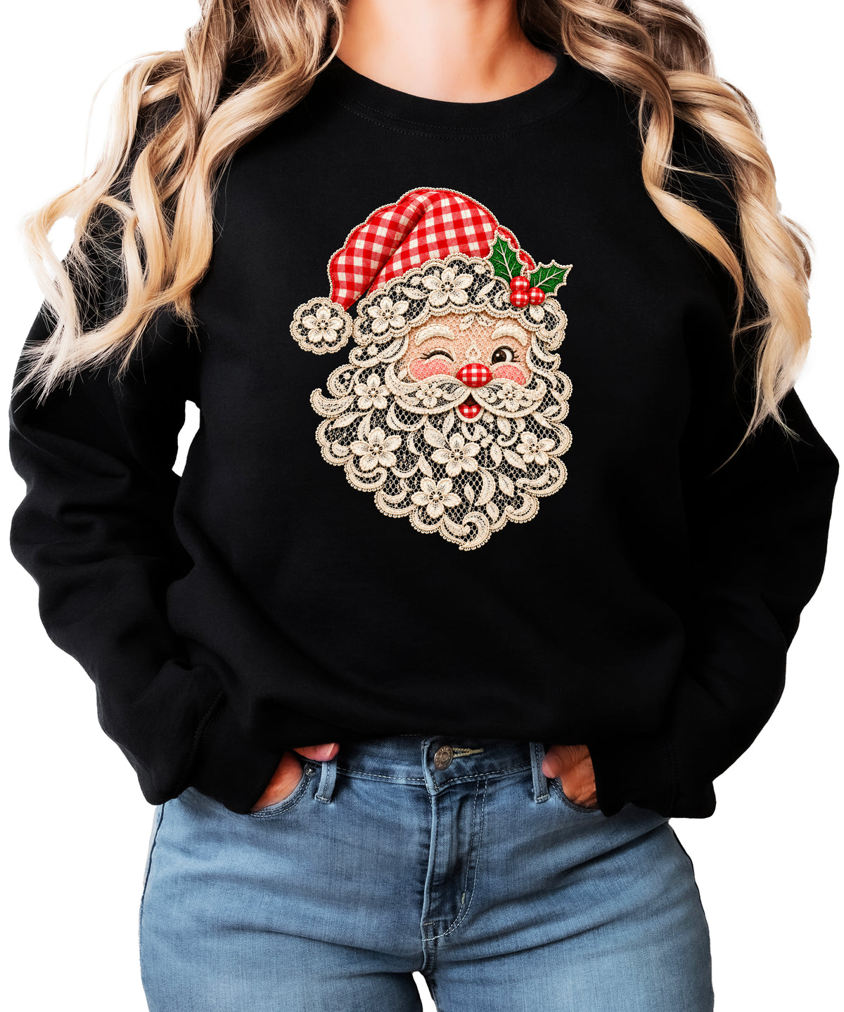 Lace Santa Christmas Sweatshirt for women in Black