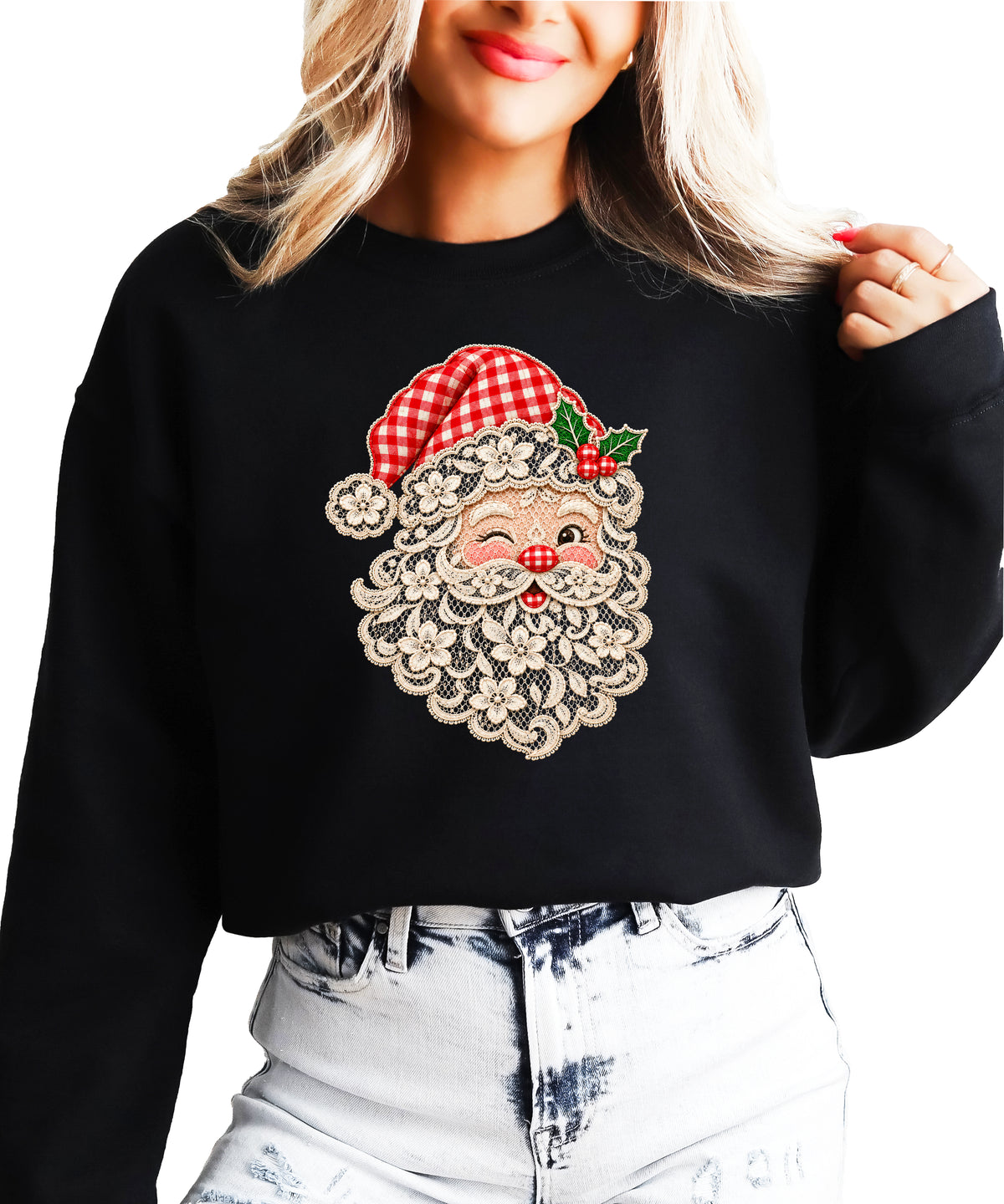 Lace Santa Christmas Sweatshirt for women in Black