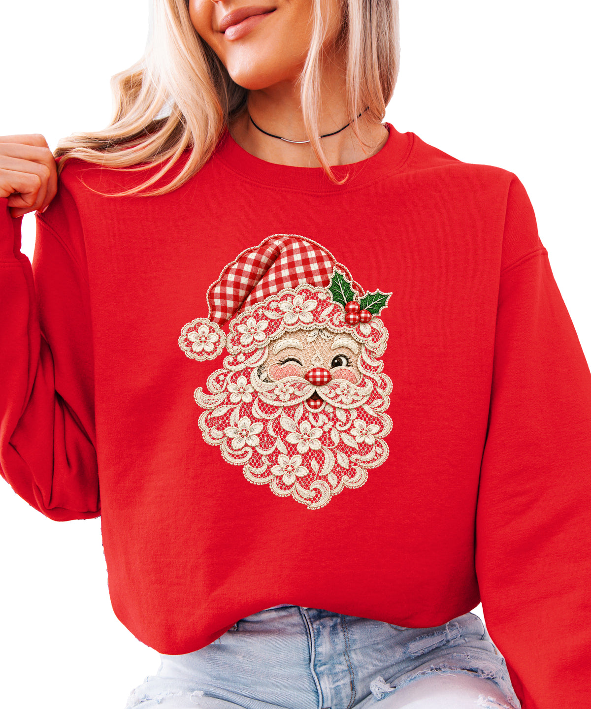 Lace Santa Christmas Sweatshirt for women in Red