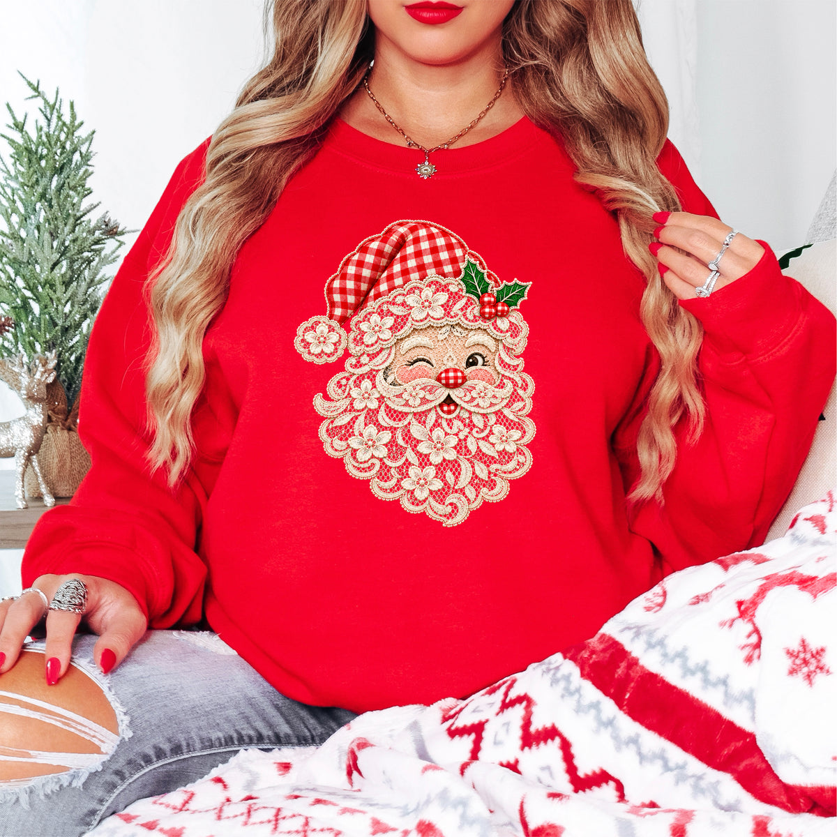 Lace Santa Christmas Sweatshirt for women in Red