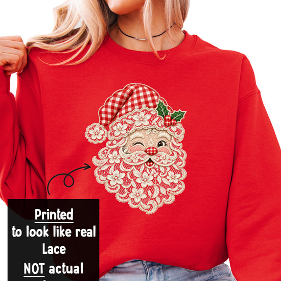 Lace Santa Christmas Sweatshirt for women and kids, ink-printed lace look detail