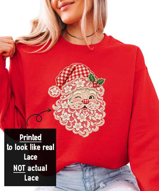 Lace Santa Christmas Sweatshirt for women and kids, ink-printed lace look detail