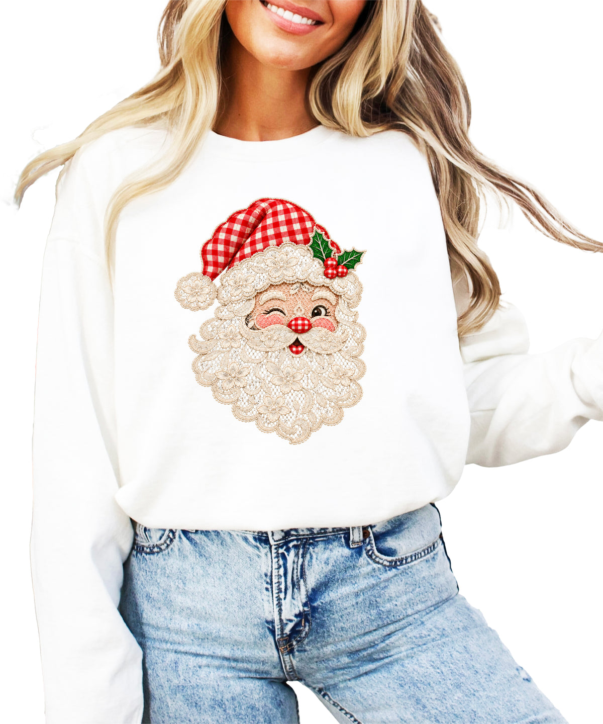Lace Santa Christmas Sweatshirt for women in White