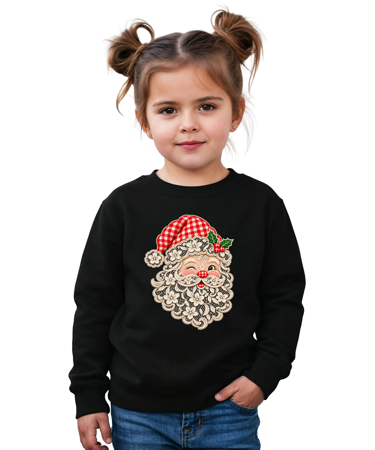 Lace Santa Christmas Sweatshirt for kids in Black