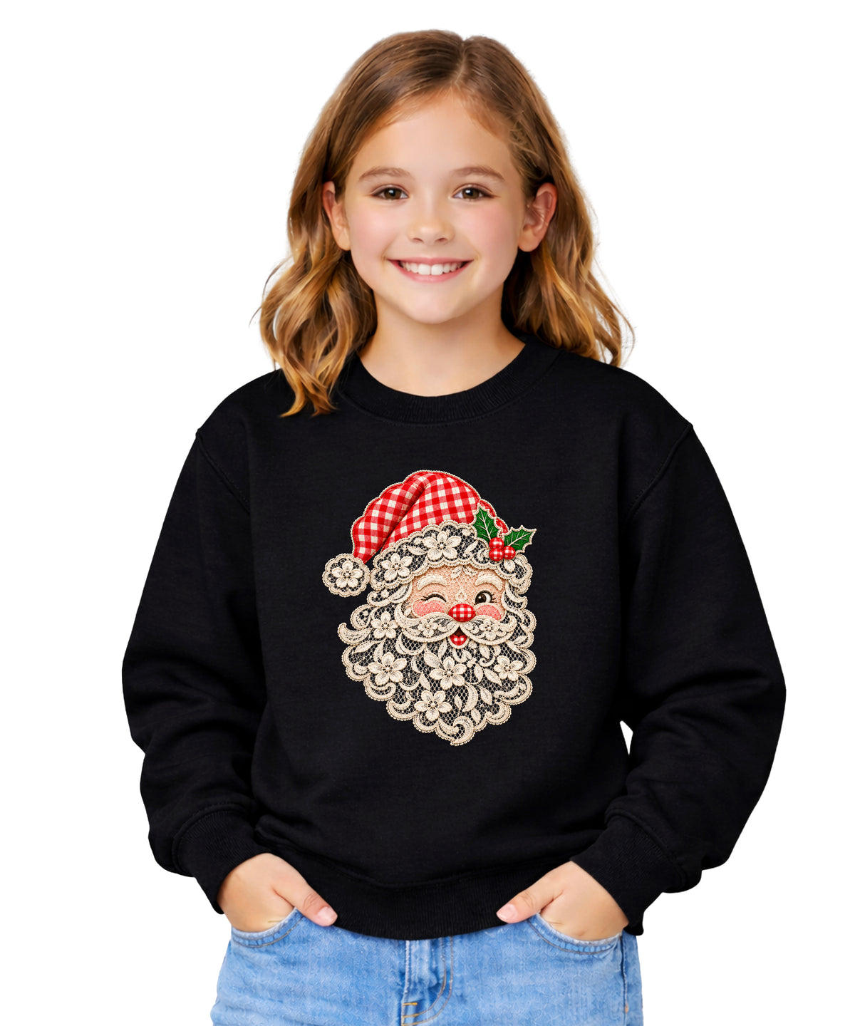 Lace Santa Christmas Sweatshirt for kids in Black