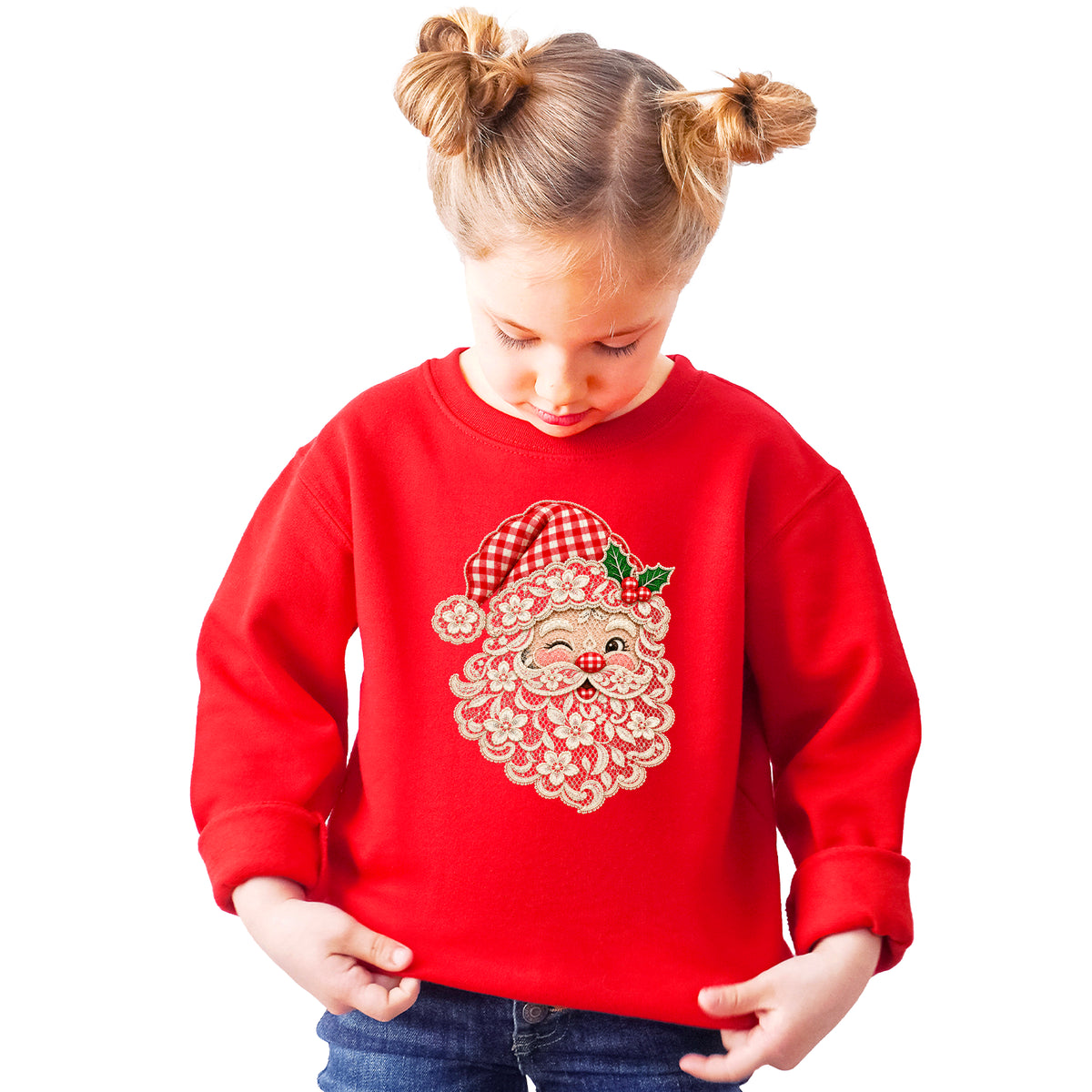 Lace Santa Christmas Sweatshirt for kids in Red