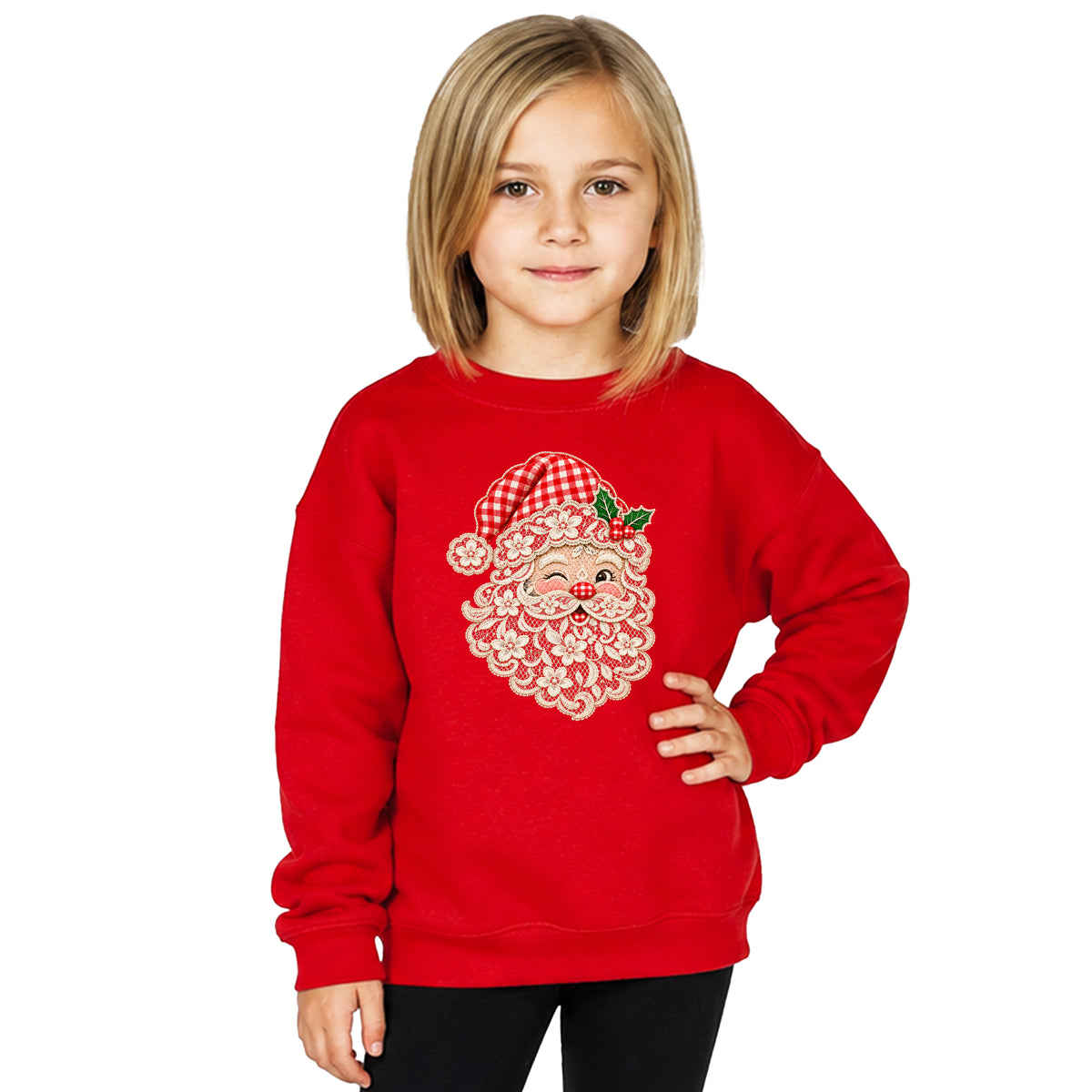 Lace Santa Christmas Sweatshirt for kids in Red