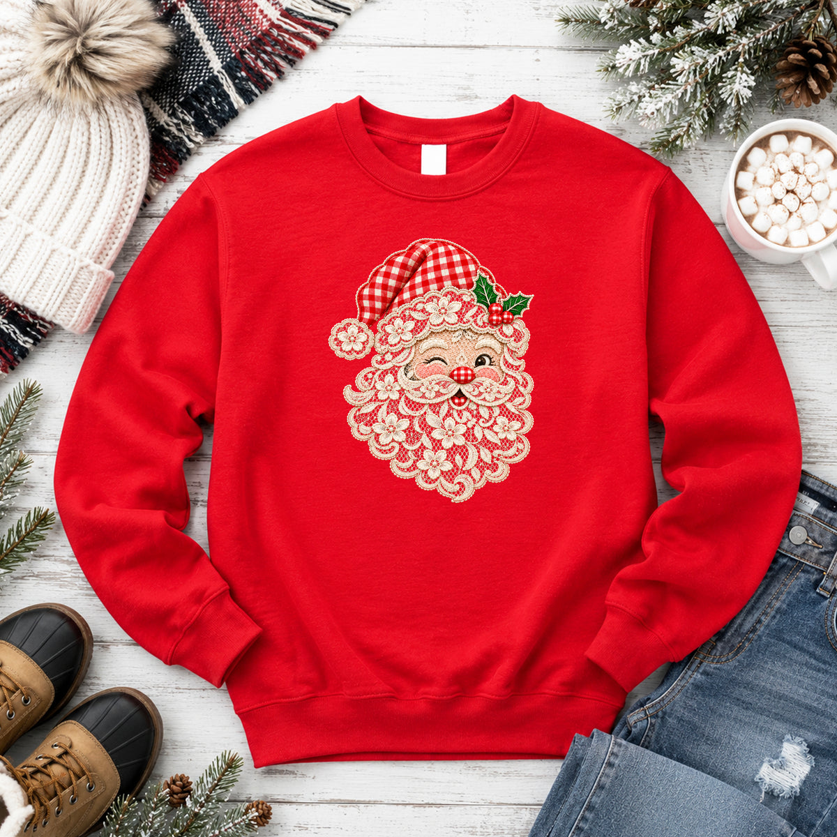 Lace Santa Christmas Sweatshirt for kids in Red