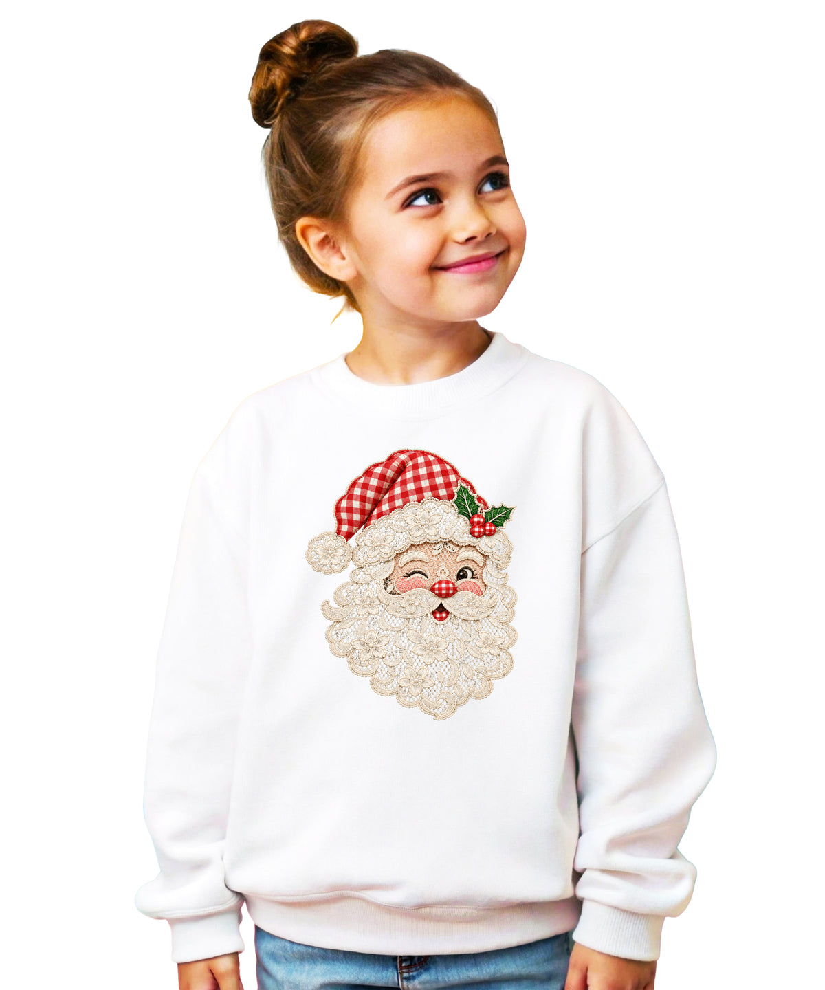 Lace Santa Christmas Sweatshirt for kids in White