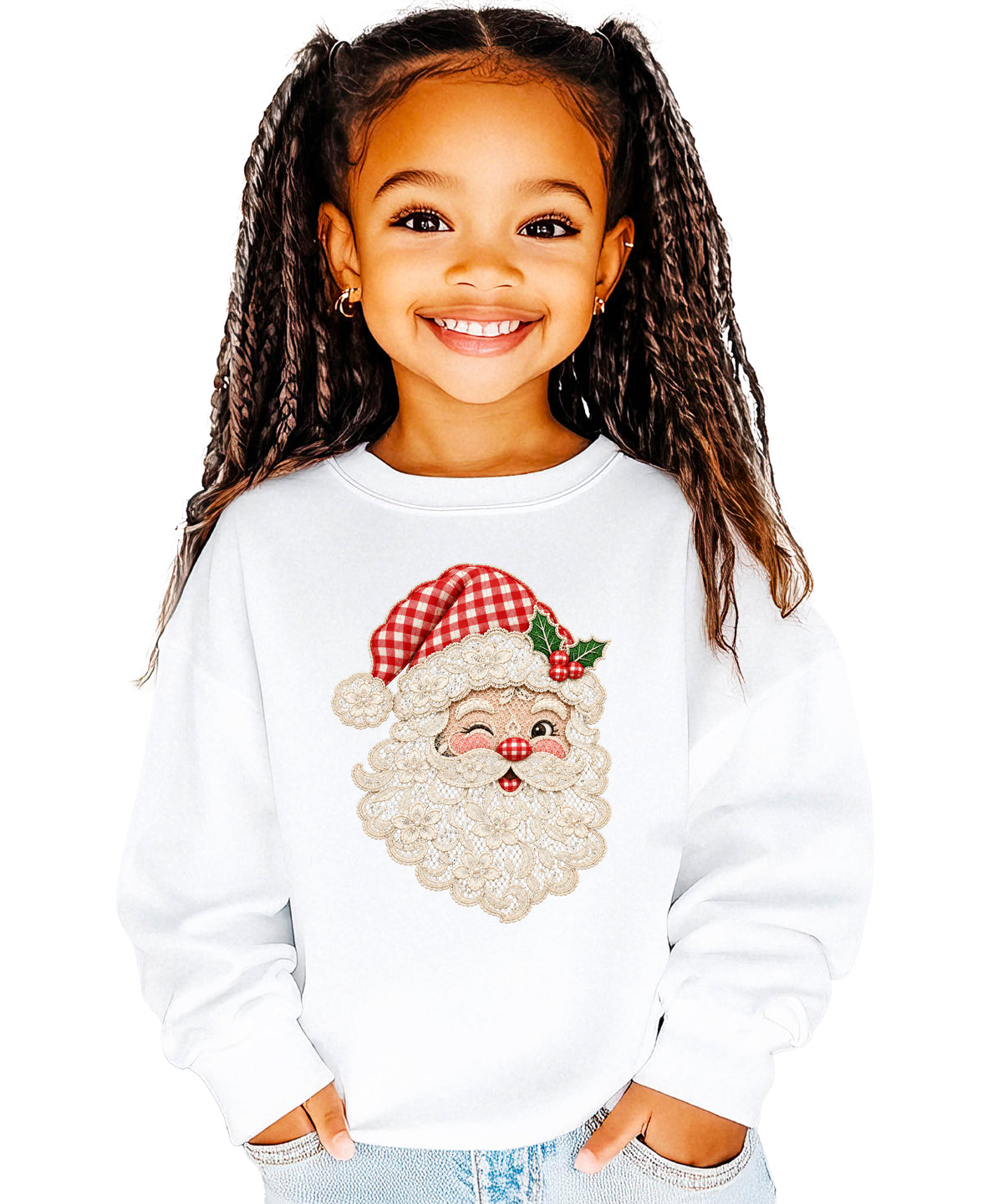 Lace Santa Christmas Sweatshirt for kids in White