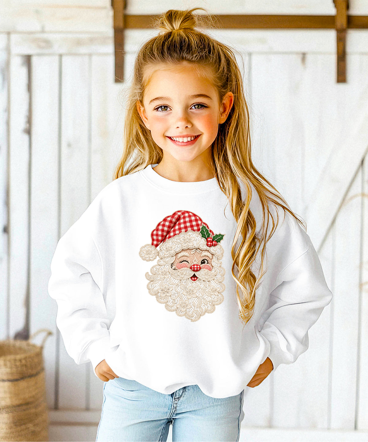 Lace Santa Christmas Sweatshirt for kids in White