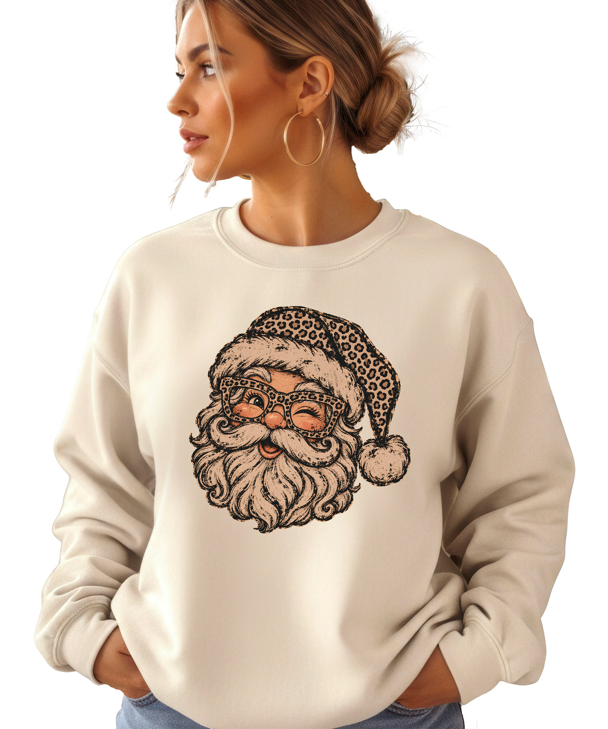 Leopard Santa Christmas Sweatshirt Sand