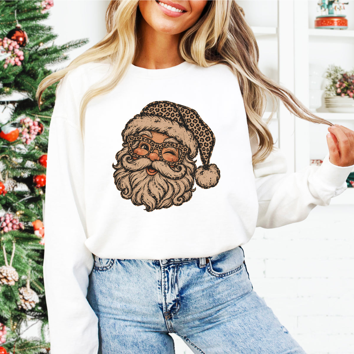 Leopard Santa Christmas Sweatshirt White