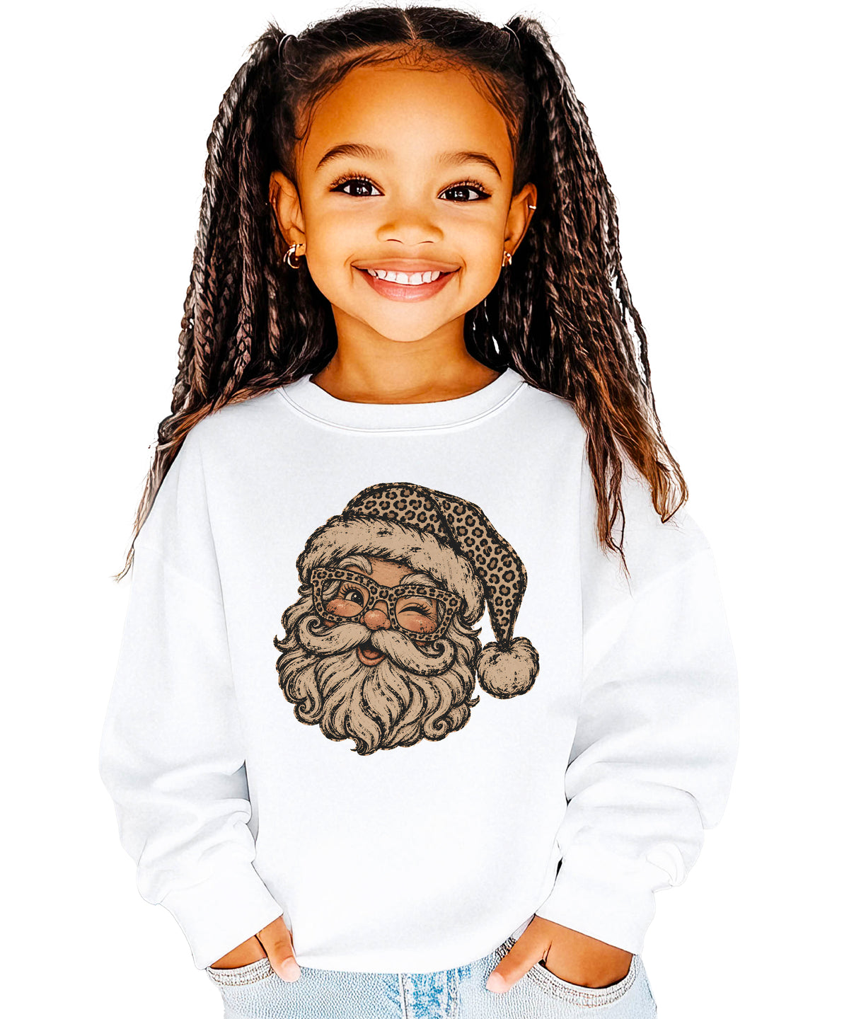 Leopard Santa Christmas Sweatshirt youth White