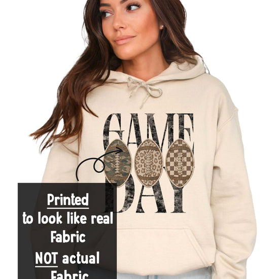 Close-up of the Game Day graphic with camo, leopard and checkered footballs