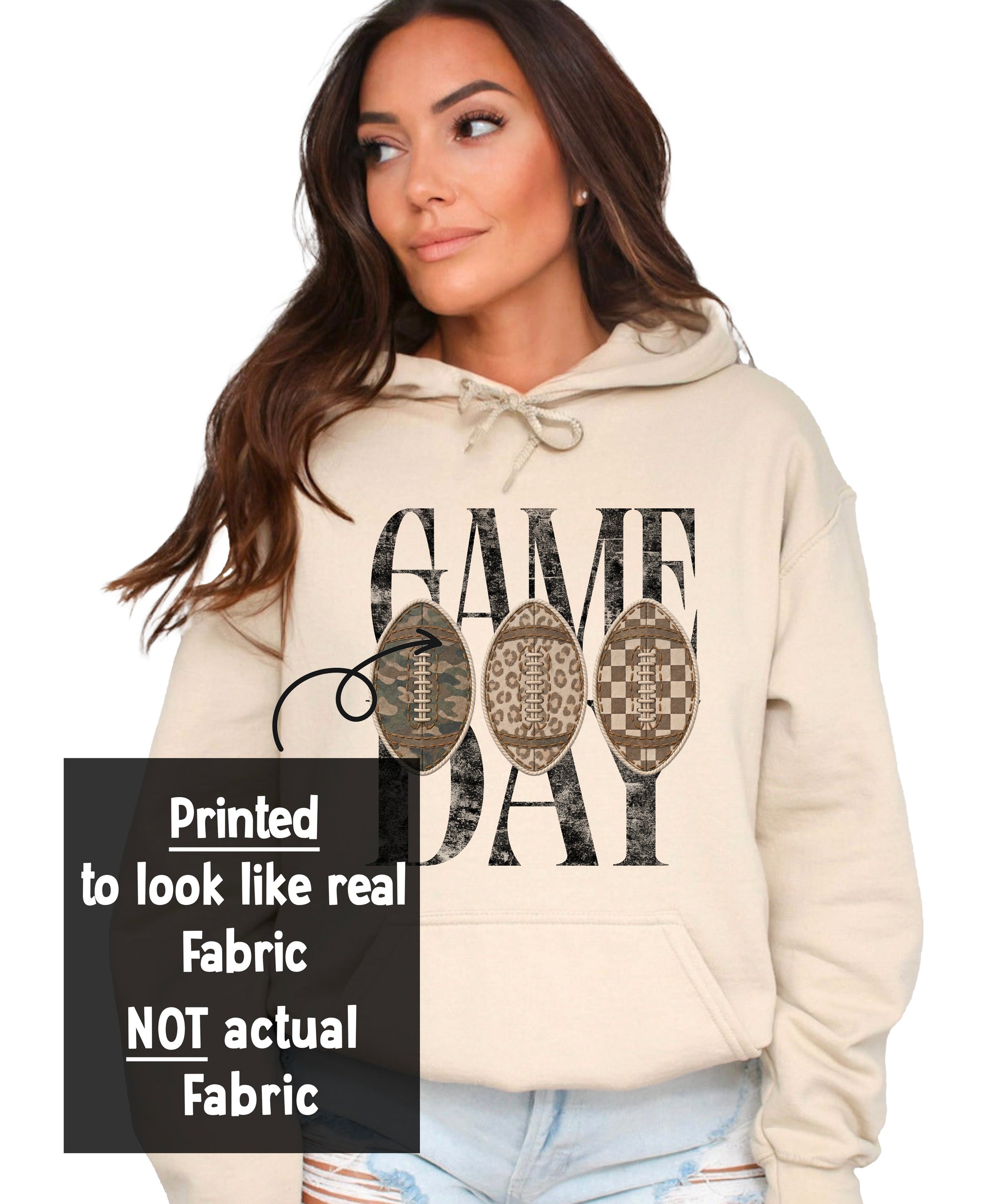 Close-up of the Game Day graphic with camo, leopard and checkered footballs