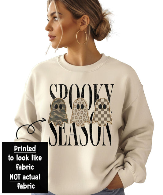 Ink-Printed Spooky Season Sweatshirt for Women & Teen Girls Halloween Camo Leopard Ghost Crewneck
