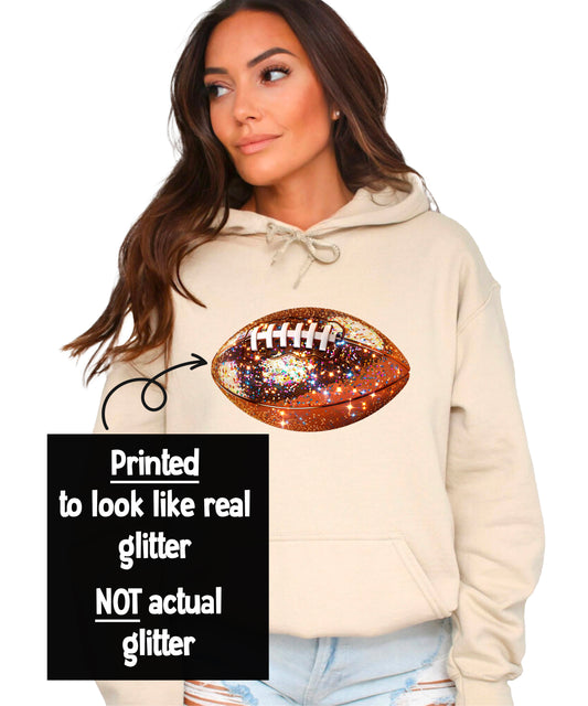 Ink-Printed Glitter Football Hoodie for Women & Teens Sparkly Game Day Sweatshirt
