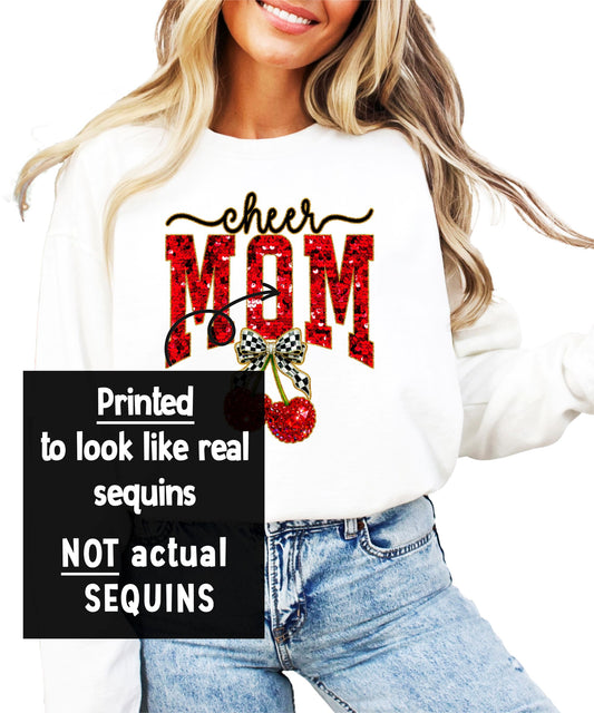 Cheerleader Mom Sweatshirt for Women Ink-Printed Faux Sequin Cherry Bow Crewneck Pullover