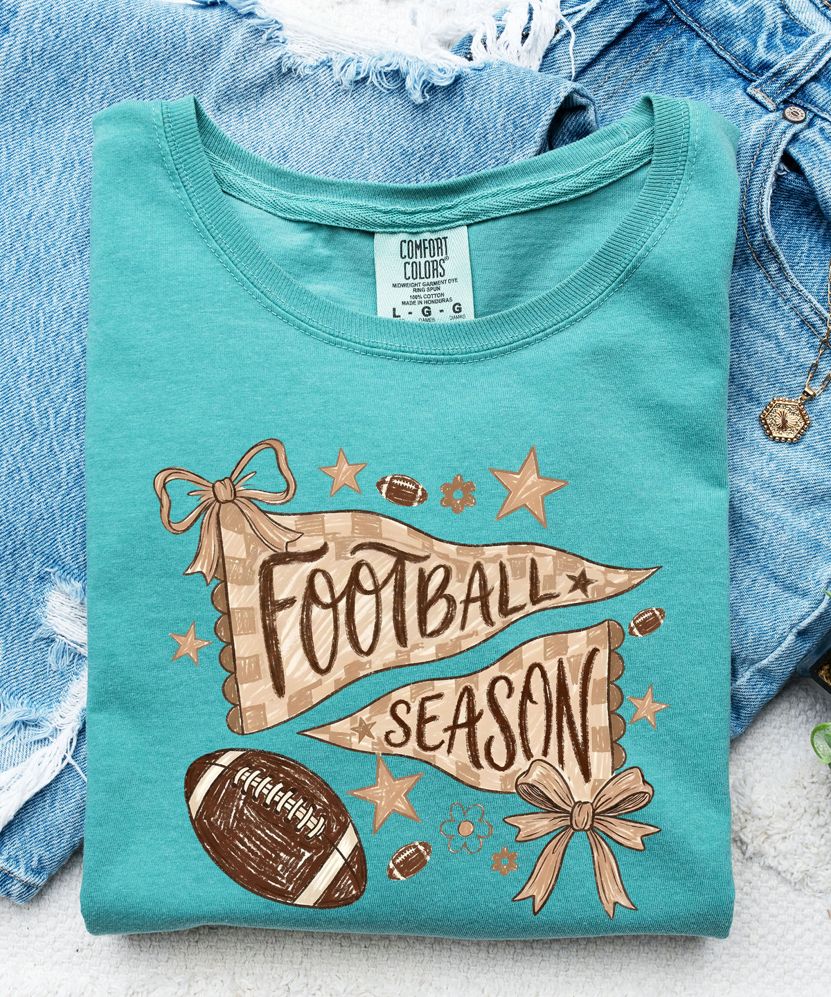 Football is My Favorite Season game day coquette bow Comfort Colors tee, Seafoam Shirt, view 6